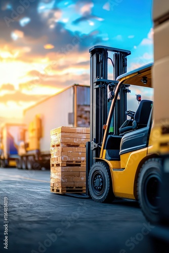 Eco-friendly truck and forklift collaboration in a vibrant industrial area