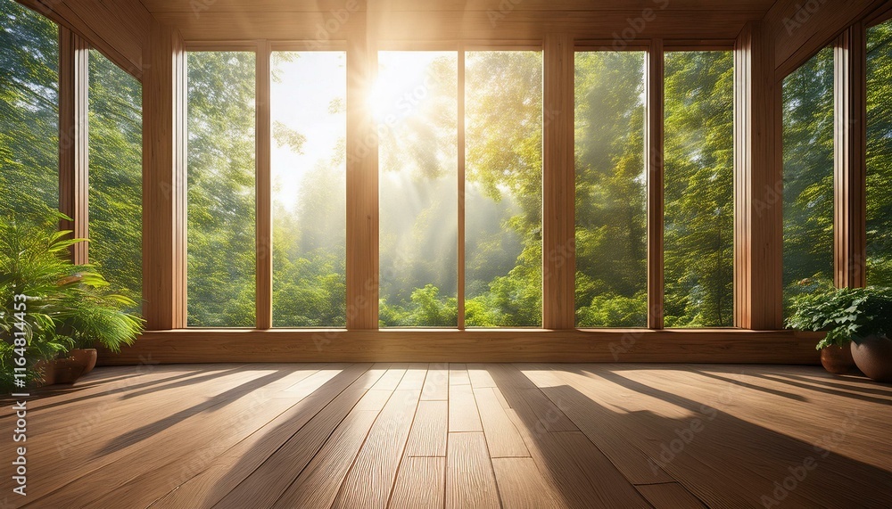Sunlight pouring through large glass windows onto a neatly polished wooden floor. Sunlight pouring through large glass windows onto a neatly polished wooden floor.