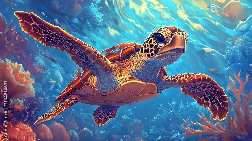 Gliding Turtle in a Vibrant Coral Reef Scene Gliding Turtle in a Vibrant Coral Reef Scene