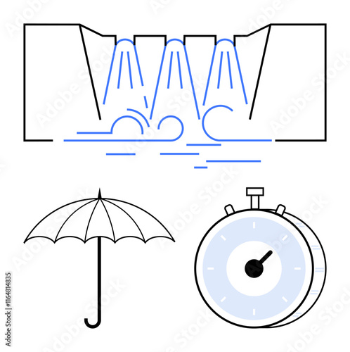 Flowing water from a dam gate, umbrella, and stopwatch. Ideal for resource conservation, water management, sustainability, time efficiency, protection strategies, disaster preparedness abstract line