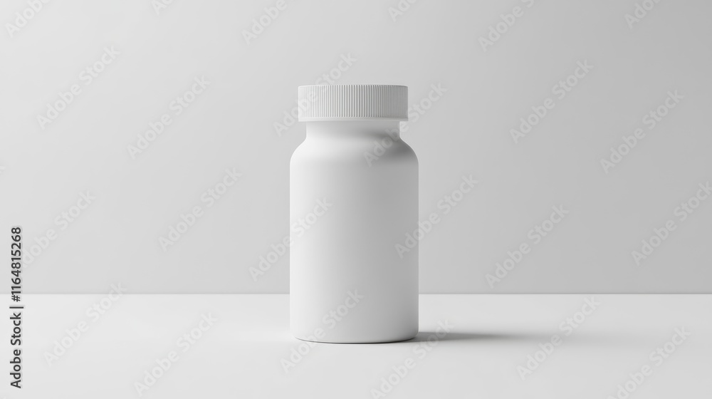 empty white pill bottle with no label. The bottle should be placed on a clean white surface without any other distractions. empty white pill bottle with no label. The bottle should be placed on a clean white surface without any other distractions.