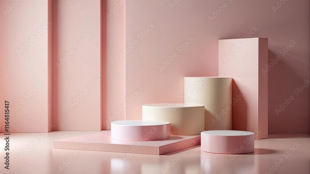 Pastel Pink Cylindrical Display Platform with Geometric Background Pastel Pink Cylindrical Display Platform with Geometric Background
