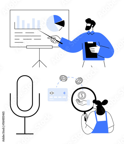Man presenting charts on a stand, a microphone icon, credit card, and currency symbols. Ideal for business meetings, presentations, financial growth, online transactions, data security e-commerce
