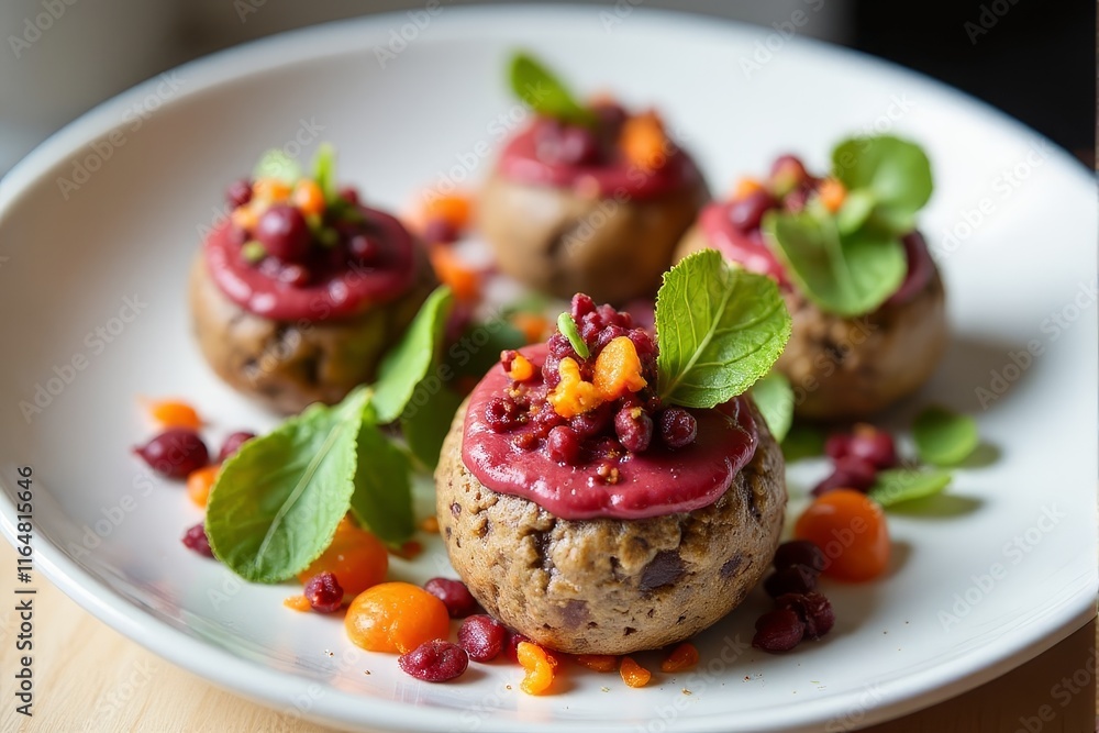 Artistic presentation of vegan energy balls with vibrant toppings Artistic presentation of vegan energy balls with vibrant toppings