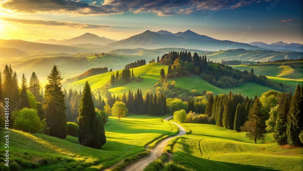 Naklejka premium Serene Sunset Over Rolling Green Hills and Evergreen Forests