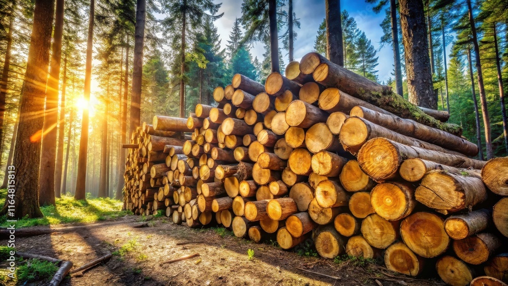 Sunlit Forest Lumber Pile  A Golden Hour Scene of Stacked Logs in a Verdant Wood