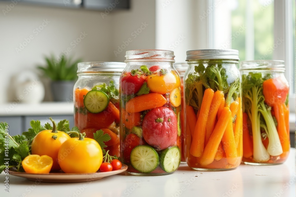 Bright and colorful pickled vegetables in modern glass jars Bright and colorful pickled vegetables in modern glass jars
