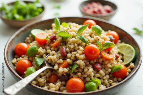 Healthy grain bowls featuring colorful toppings and fresh herbs