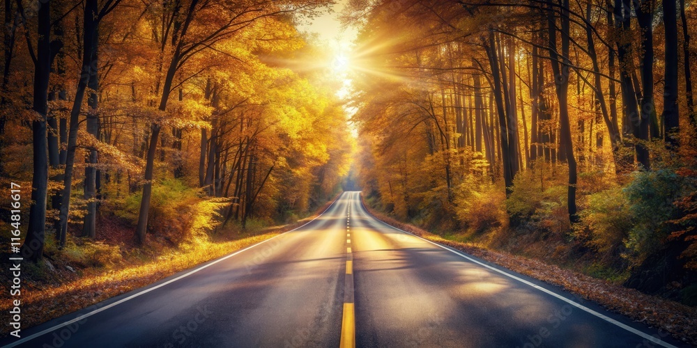 Fototapeta premium Autumnal Road Through Golden Canopy A Scenic Drive at Sunset