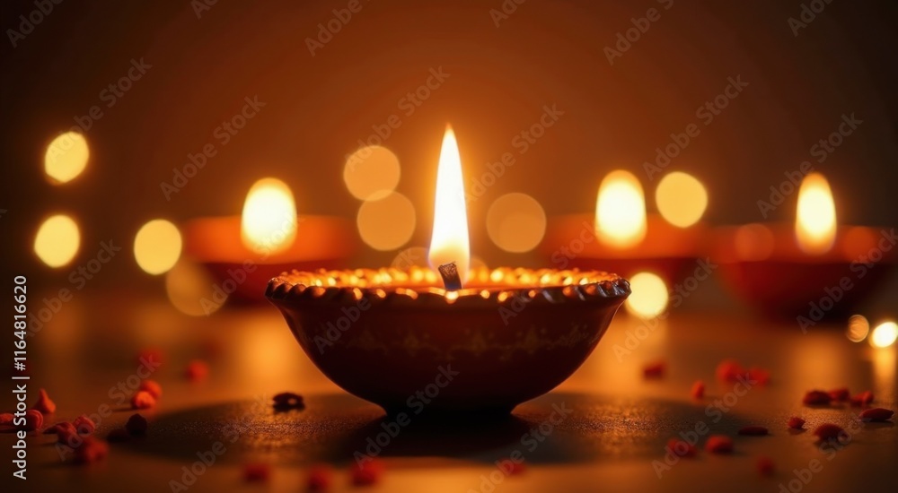 Candles are lit in a row with small red flowers Candles are lit in a row with small red flowers