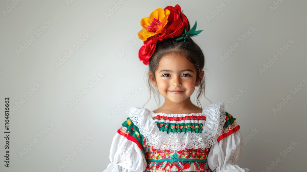 Cute little mexican or spanish girl in elegant white red and green dress smiling on white background Cute little mexican or spanish girl in elegant white red and green dress smiling on white background