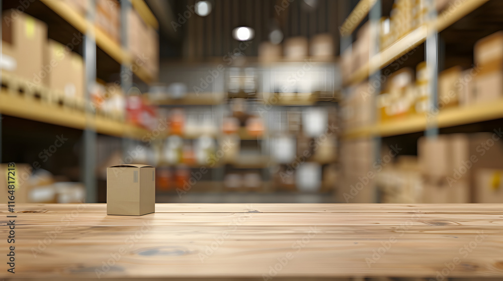 Cardboard Box on Wooden Surface with Blurred Warehouse Background Cardboard Box on Wooden Surface with Blurred Warehouse Background