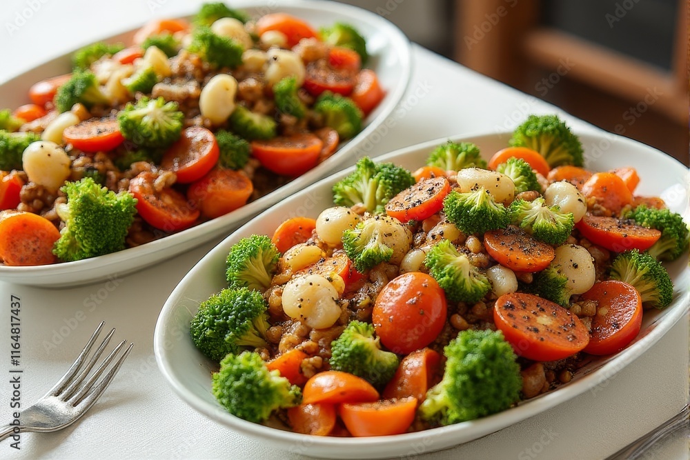 Bright and colorful stir fried vegetables served in stylish dishes Bright and colorful stir fried vegetables served in stylish dishes