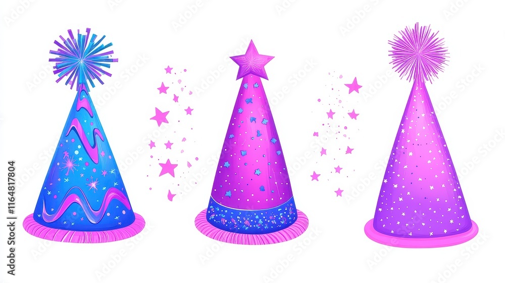 Colorful party hats in pink and blue with festive decorations, perfect for celebrations and festive occasions. Colorful party hats in pink and blue with festive decorations, perfect for celebrations and festive occasions.