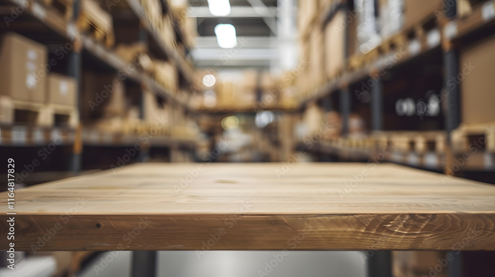 Wooden Table in Blurred Warehouse Setting Wooden Table in Blurred Warehouse Setting