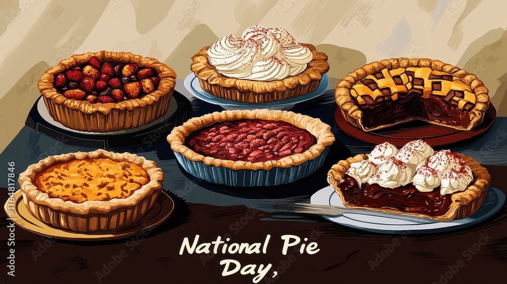 A colorful display of various pies celebrates National Pie Day, featuring flavors like apple, cherry, and chocolate. A colorful display of various pies celebrates National Pie Day, featuring flavors like apple, cherry, and chocolate.