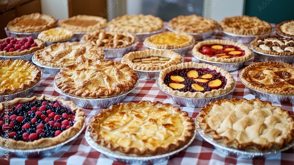 A vibrant display of various pies arranged on a checkered tablecloth, showcasing a variety of flavors and toppings. A vibrant display of various pies arranged on a checkered tablecloth, showcasing a variety of flavors and toppings.