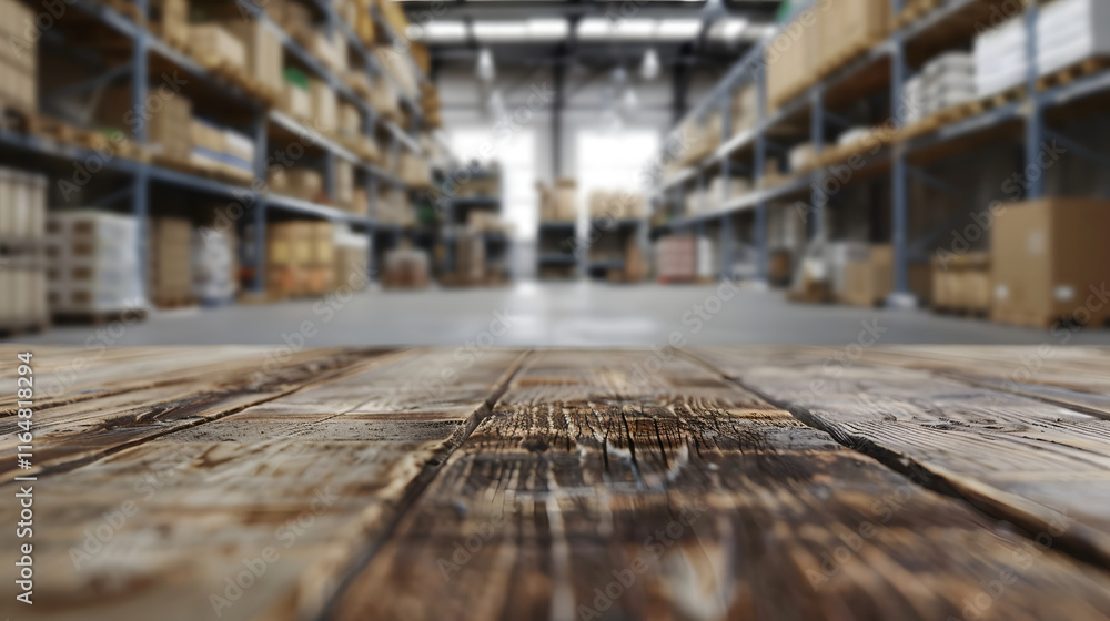 Rustic Wood Surface with Blurred Warehouse Background Rustic Wood Surface with Blurred Warehouse Background