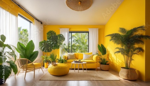Tropical vibes indoors with decorative plants, yellow walls, and abundant natural light.