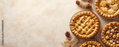 A cozy arrangement of delicious pies on a neutral background, perfect for autumn gatherings and festive celebrations.