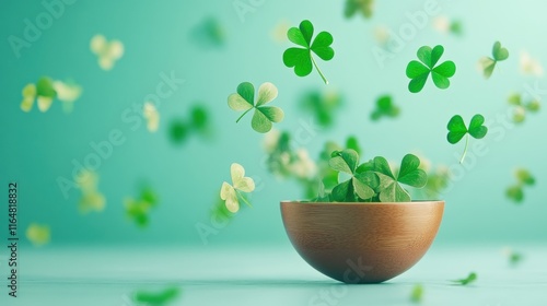 A wooden bowl filled with vibrant green shamrocks, surrounded by floating clovers against a soft teal background, symbolizing Saint Patrick's Day and Irish luck photo