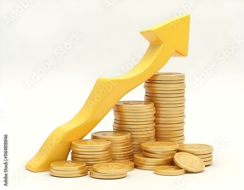 Stack of coins with upward arrow 3D render icon isolated on transparent background cutout ia
