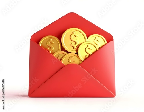 Red envelope with gold coins 3D render icon isolated on transparent background cutout ia  photo