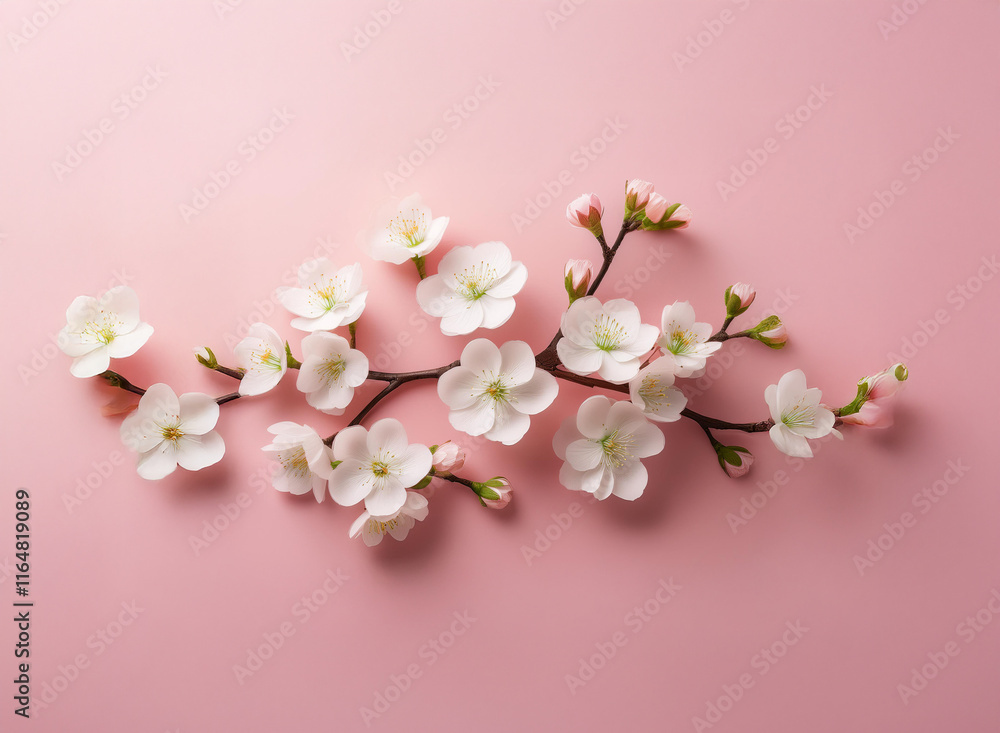 Delicate white blossoms on a branch, arranged elegantly against a soft pink backdrop. A springtime scene of simple beauty and peaceful serenity. Delicate white blossoms on a branch, arranged elegantly against a soft pink backdrop. A springtime scene of simple beauty and peaceful serenity.