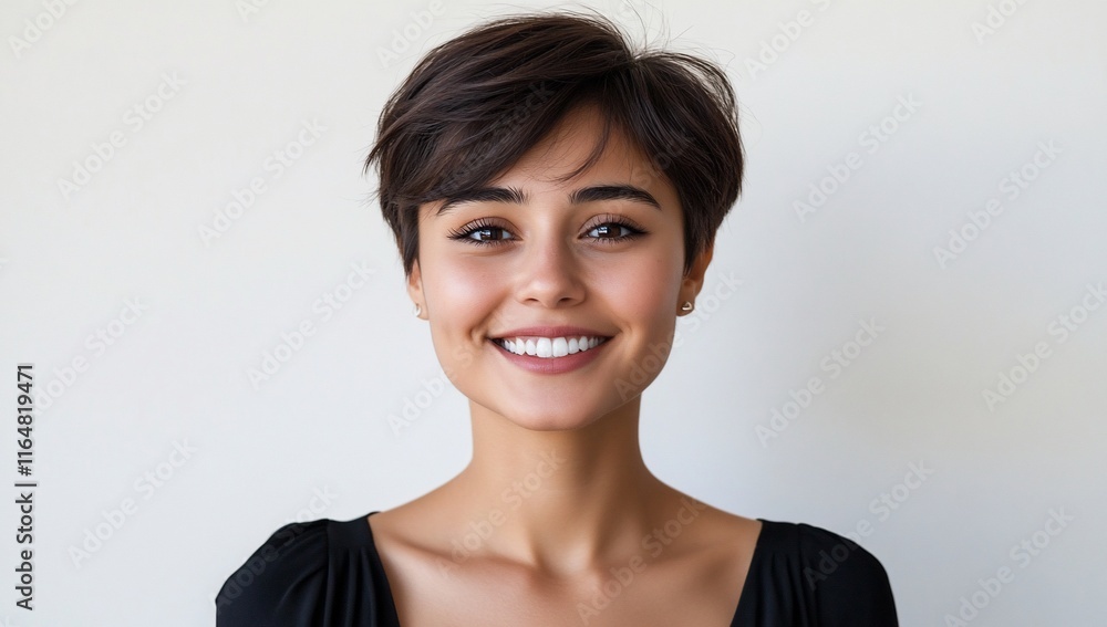 A smiling woman with short hair against a neutral background. A smiling woman with short hair against a neutral background.