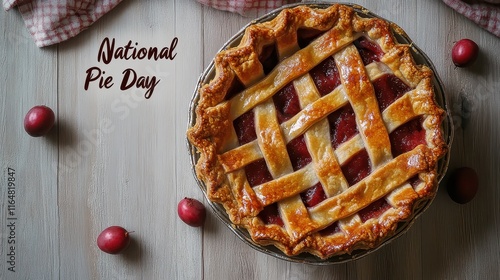 A delicious pie on a wooden surface, celebrating National Pie Day with a lattice crust and surrounded by small red fruits.