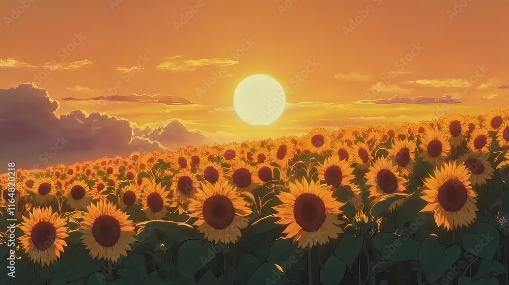 Fototapeta premium Vibrant sunflower field at sunset, with golden hues illuminating the horizon.