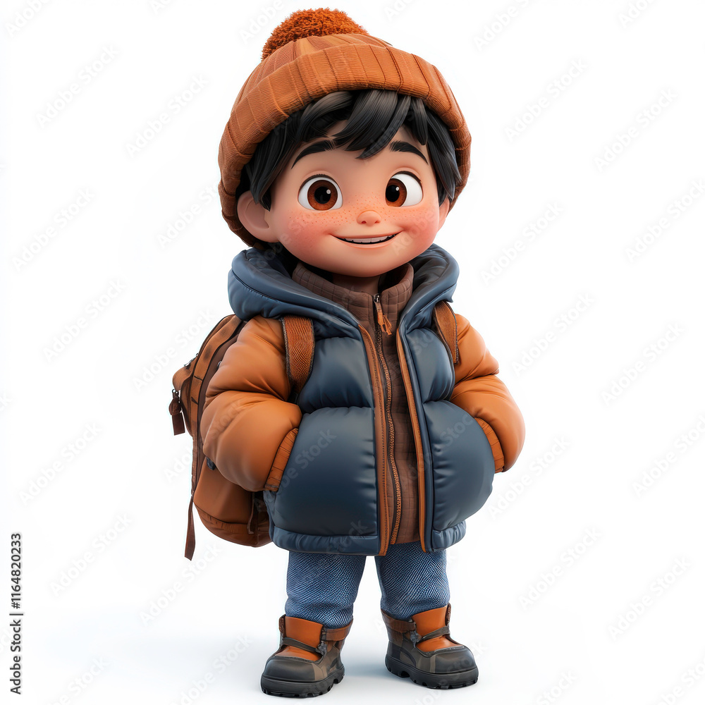 Cute cartoon boy character wearing cozy winter clothes with a knitted hat and a backpack, smiling in a playful and cheerful manner on a bright background Cute cartoon boy character wearing cozy winter clothes with a knitted hat and a backpack, smiling in a playful and cheerful manner on a bright background