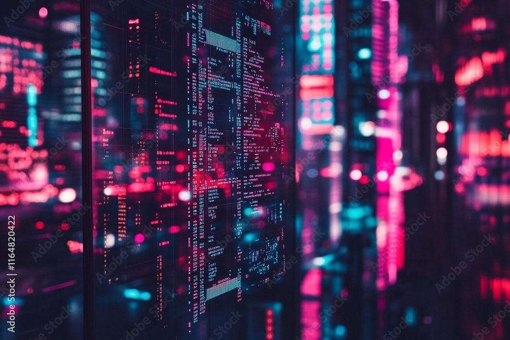 City night blurred lights with digital code on screen. City night blurred lights with digital code on screen.