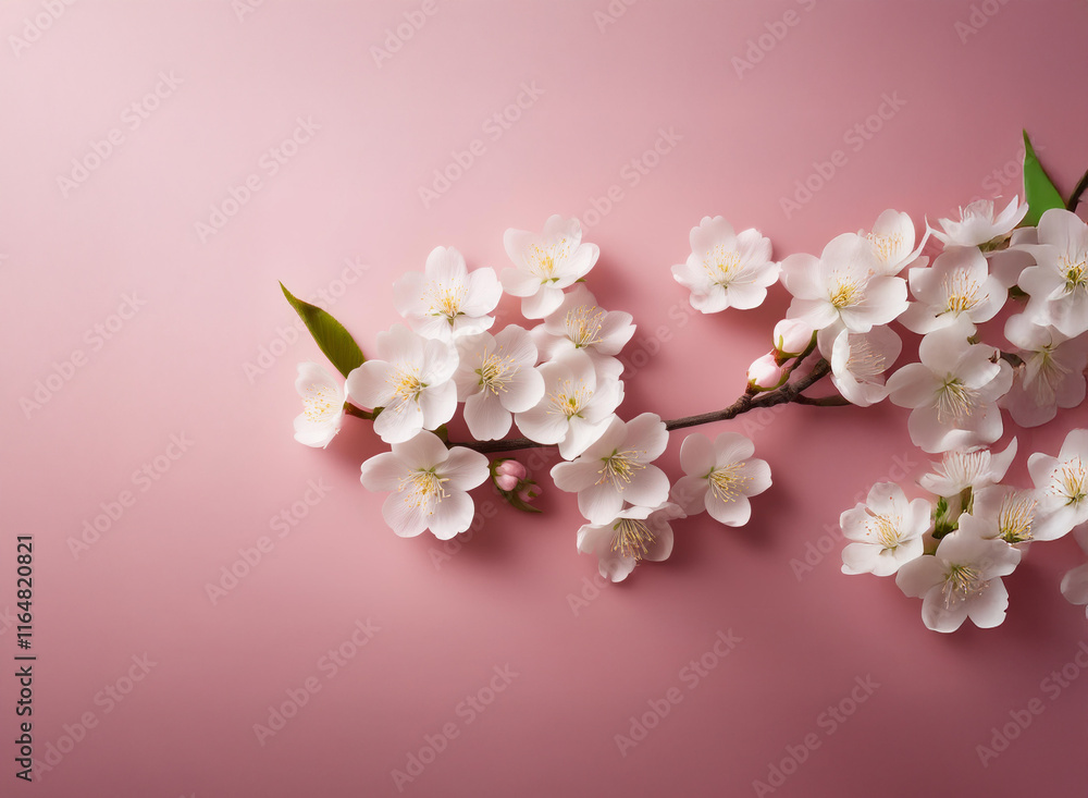 Delicate white blossoms arranged on a soft pink background. The branch of flowers creates a gentle, spring-like scene. Delicate white blossoms arranged on a soft pink background. The branch of flowers creates a gentle, spring-like scene.