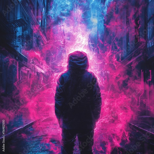 Figure In Hooded Coat Stands Amidst Pink Lightning Energy In Urban Setting At Night photo