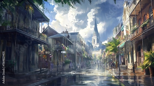 Scenic street view in a vibrant, rainy city with historic architecture.