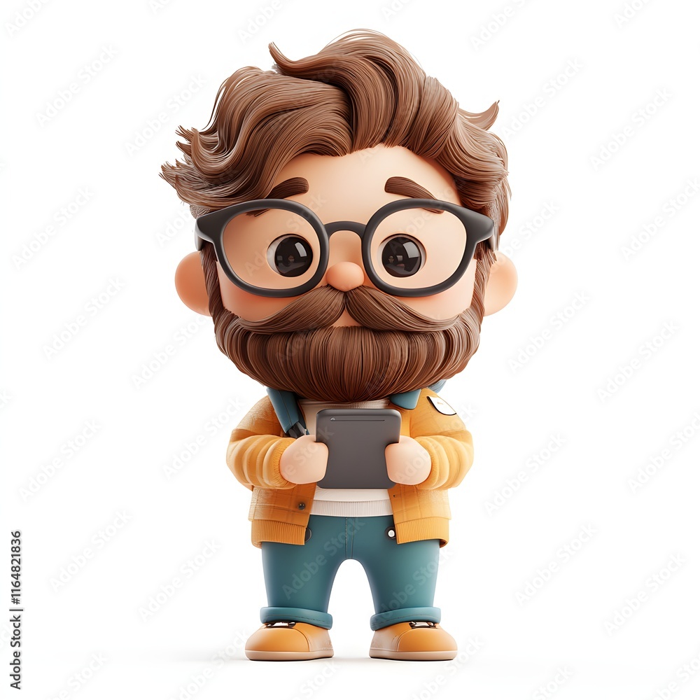 A cute 3D rendered cartoon of a bearded man using a smartphone. Adorable 3d character App developer A cute 3D rendered cartoon of a bearded man using a smartphone. Adorable 3d character App developer