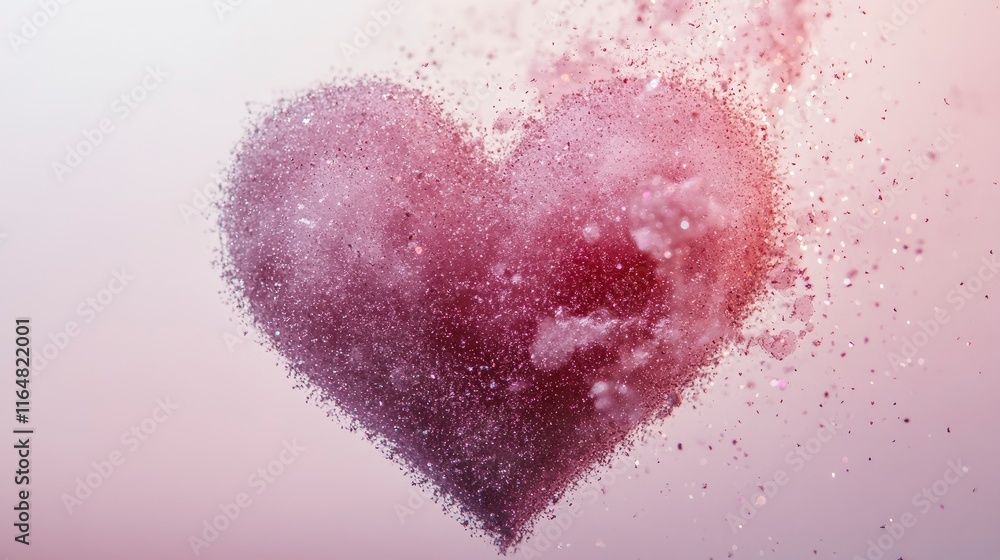 wallpaper with a soft pink ombre heart shape in the center, surrounded by soft, glittering particles floating in the air. Copy space. wallpaper with a soft pink ombre heart shape in the center, surrounded by soft, glittering particles floating in the air. Copy space.