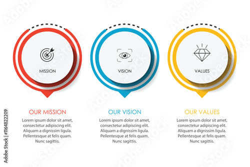 Mission, vision, values, graphic design template.eps 10 on white background, Can be used for presentation workflow layout, banner, process, diagram, flowchart, infographic, annual report.