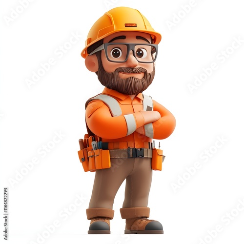 Fototapeta Naklejka Na Ścianę i Meble -  A cheerful 3D cartoon of a construction worker, arms crossed, showing confidence and readiness. Adorable 3d character Civil engineer