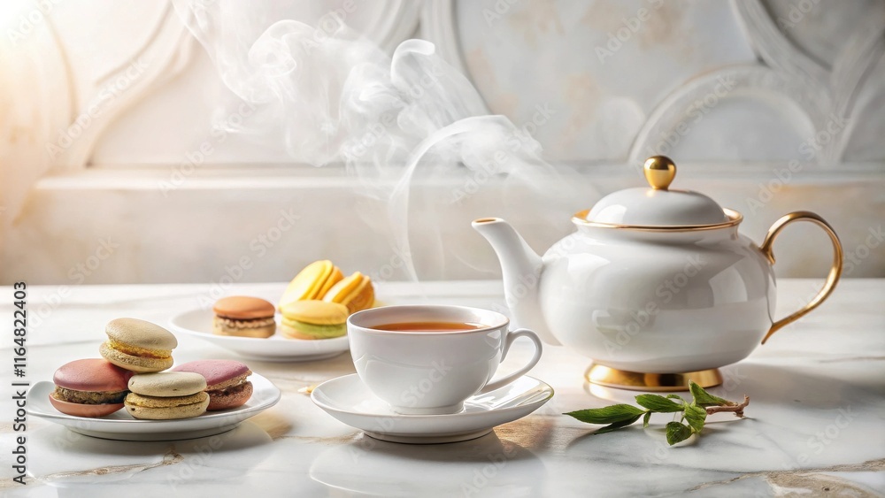 Elegant Tea Time with Sweet Macarons and Steaming Tea Elegant Tea Time with Sweet Macarons and Steaming Tea