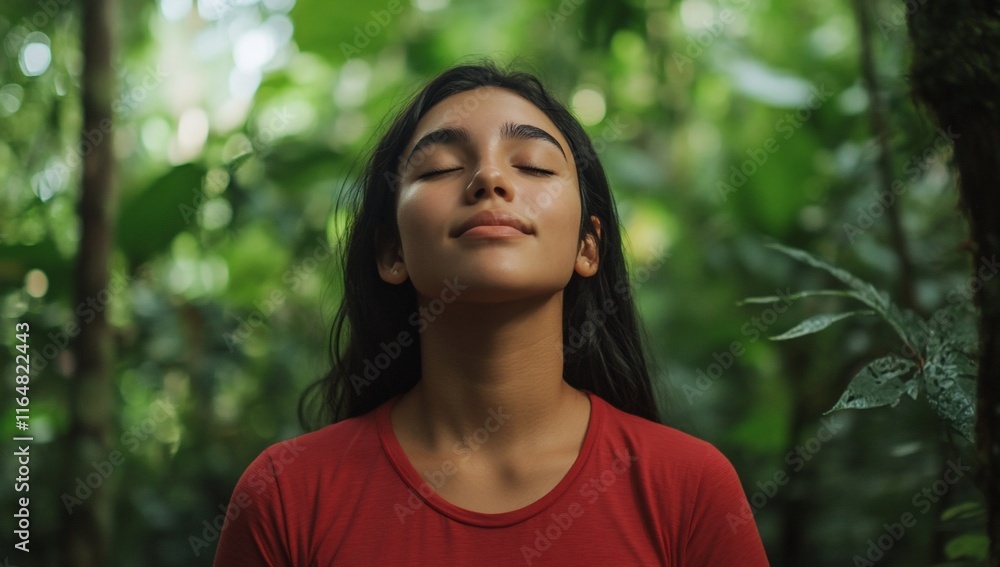 A serene young woman meditating in a lush green forest. A serene young woman meditating in a lush green forest.