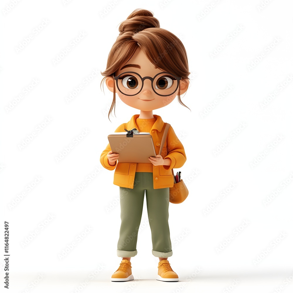 A cute 3D rendered cartoon girl holding a clipboard, wearing a yellow jacket and pants. She's smiling and cheerful. Adorable 3d character content writer A cute 3D rendered cartoon girl holding a clipboard, wearing a yellow jacket and pants. She's smiling and cheerful. Adorable 3d character content writer