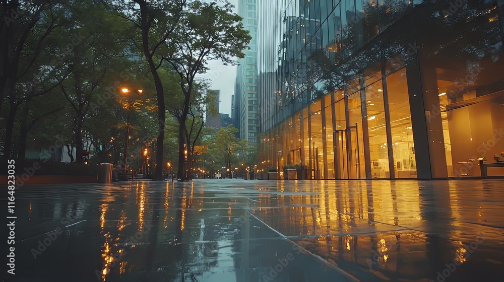 Rain-soaked urban landscape with reflective surfaces and lush trees at dusk. Rain-soaked urban landscape with reflective surfaces and lush trees at dusk.