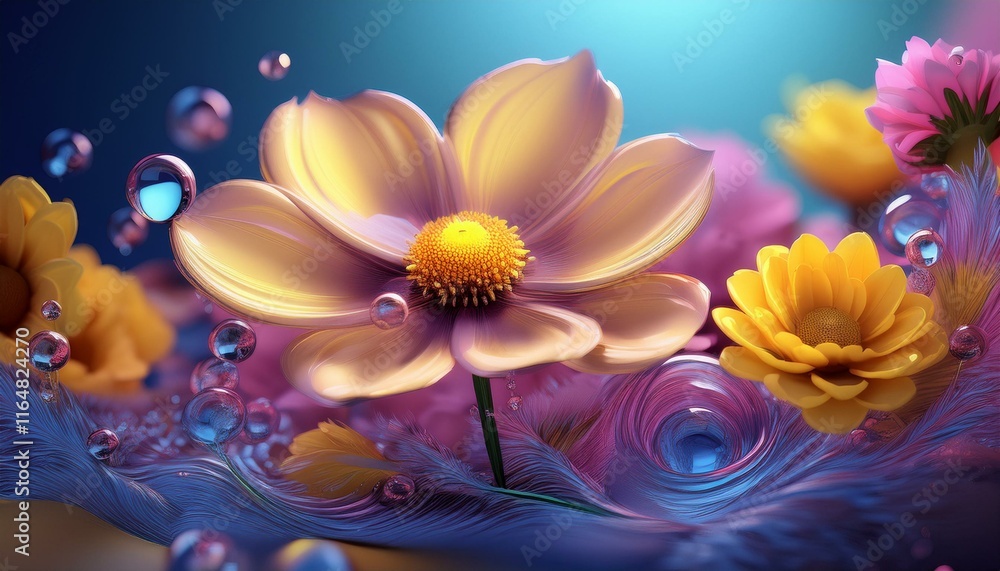 Obraz premium cosmos,rose,sunflowe flower 3D and water drop and copy space for text