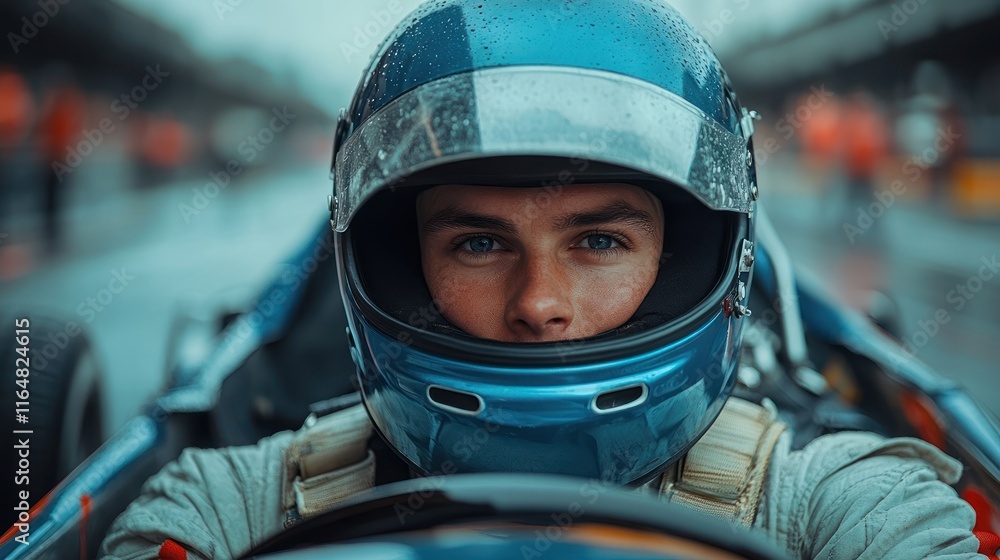 Close-up of a race car driver in a helmet. Close-up of a race car driver in a helmet.