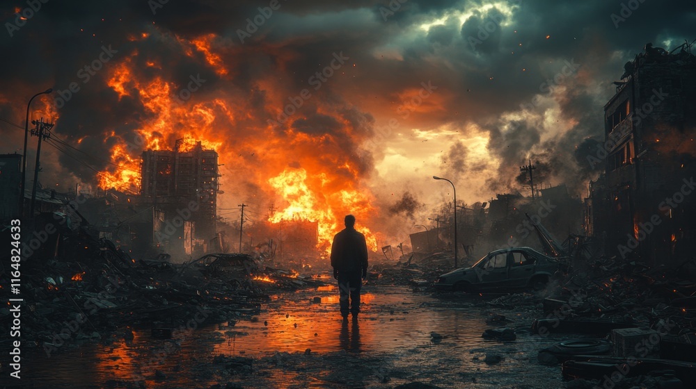 Lone Figure Stands Amidst Fiery Ruins of City Destruction With Dark Skies and Burning Structures Lone Figure Stands Amidst Fiery Ruins of City Destruction With Dark Skies and Burning Structures