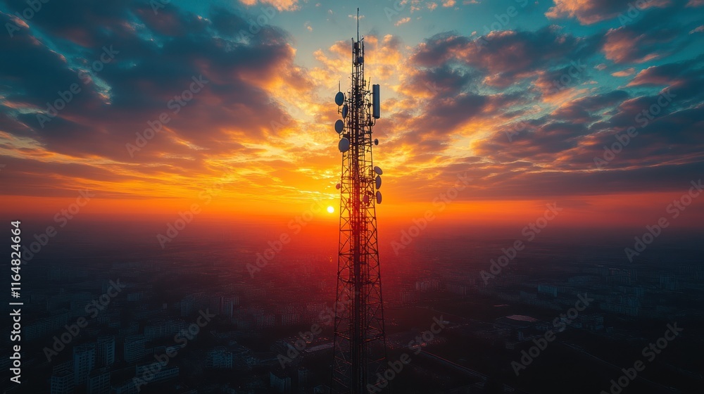 Naklejka premium Sunset over a communication tower silhouette.