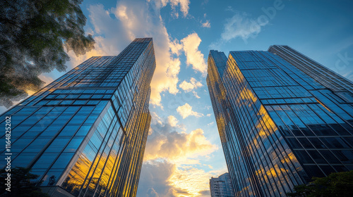 Modern skyscraper office buildings with blue glass windows, low-angle view, symmetrical composition