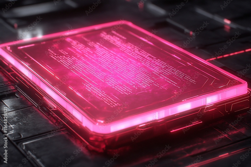 Futuristic glowing pink data tablet on dark metallic surface. Futuristic glowing pink data tablet on dark metallic surface.